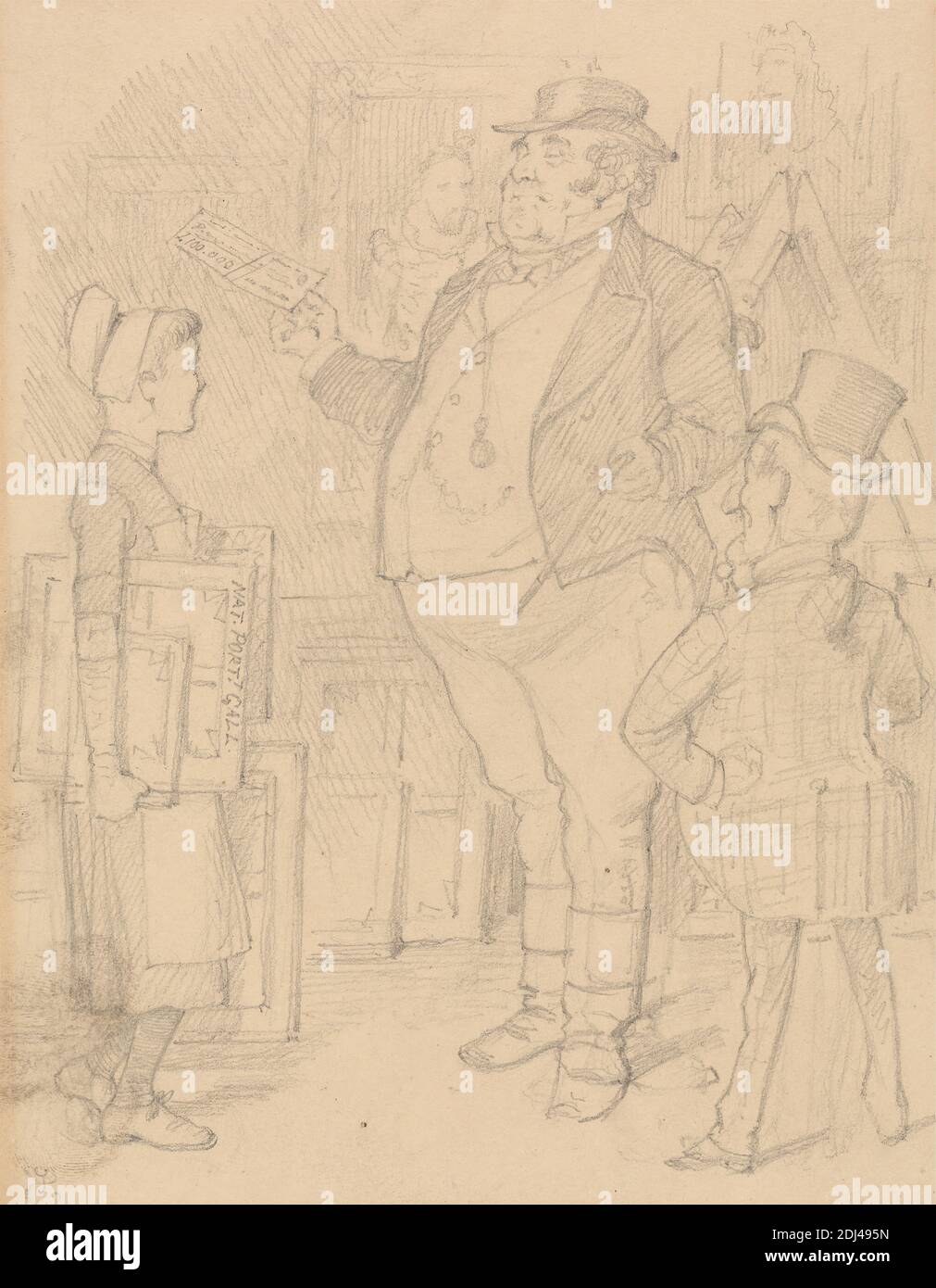 Zeichnung für einen `Punch' Cartoon, John Tenniel, 1820–1914, britisch, undatiert, Graphit auf Medium, leicht strukturiert, beigefarbenes Papier, Blatt: 11 1/4 × 7 9/16 inches (28.6 × 19.2 cm), Genremotiv, Mädchen, Gemälde Stockfoto
